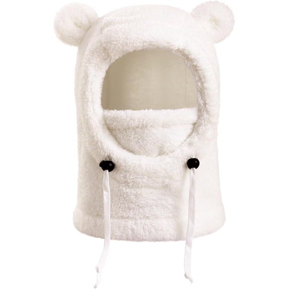 3 in 1 Beanie Hat with Scarf and Mask Unisex Kid Winter Warm Fleece Bear Ears Balaclava Thermal Sherpa Hood Ski Mask,One Size-White