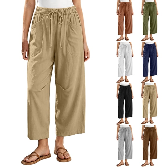 Pants for Women with Pockets 100% Cotton Decorative Button Drawstring Cropped Pants
