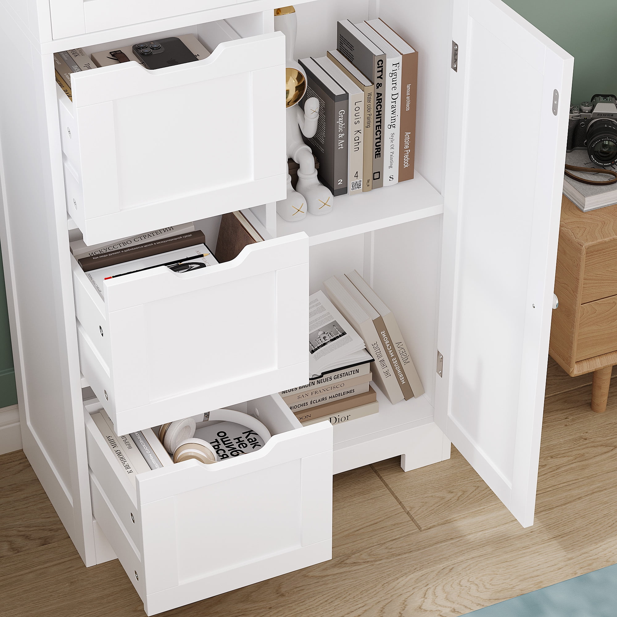 Homfa Bathroom Storage Cabinet, 56.6"H White Linen Cabinet with 3 Doors and 3 Drawers