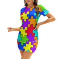 thumbnail image 1 of Puzzle Colorful Pattern Sweet Elegant Dress Women Korean Kawaii Square Collar Dress Puzzle Colorful Color Pattern, 1 of 5