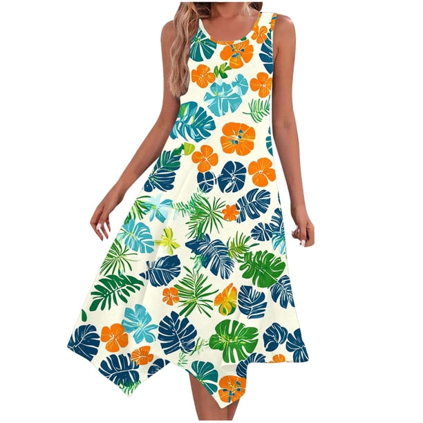 Una Línea Vestidos de Verano para las Mujeres 2025 Impresión Bolsillos Vestido de Camiseta, Cuello Redondo Vestido de Playa sin Mangas