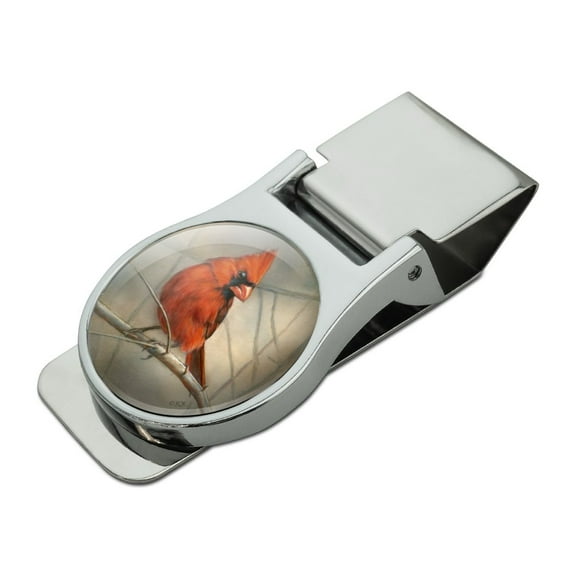 Cardinal Red Bird on Tree Branch Satin Chrome Plated Metal Money Clip