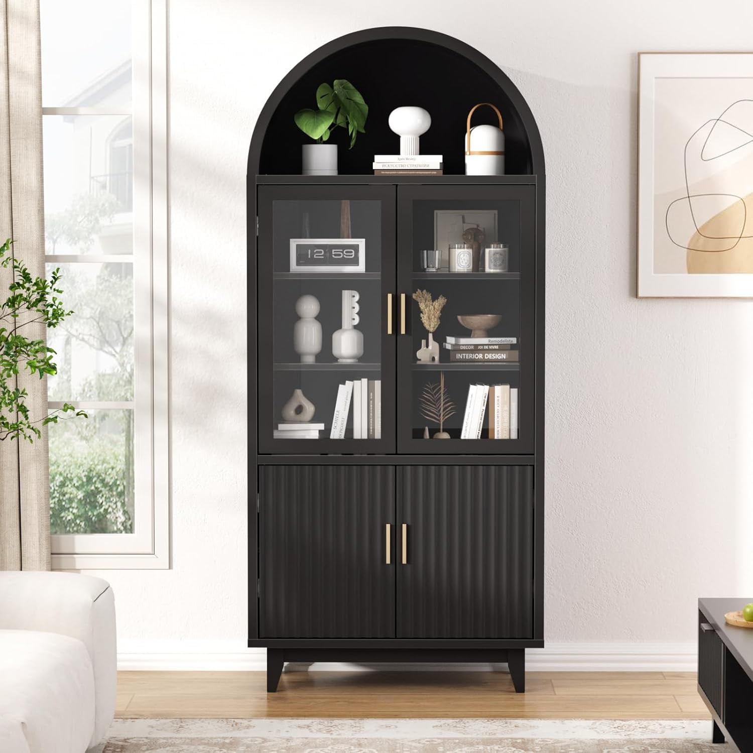 Vabches Arched Kitchen Pantry Storage Cabinet, 71" Tall Fluted Cabinet with 2 Glass Doors, 2 Doors for Kitchen, Living Room, Bedroom