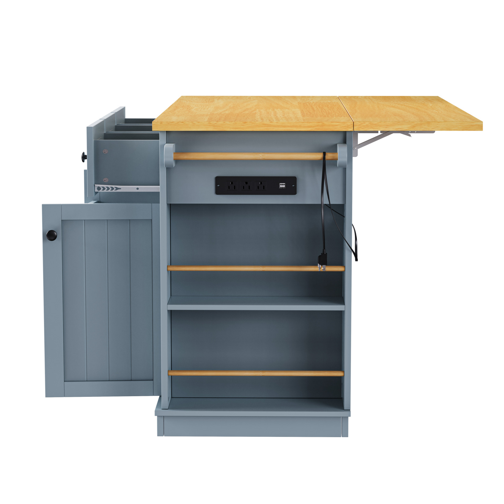 53" Kitchen Island On Wheels, Rolling Kitchen Island Cart with Drop Leaf & Power Outlet, Barn Door Kitchen Island Table with Storage Cabinet and Tower Rack for Kitchen, Dining Room, Grey