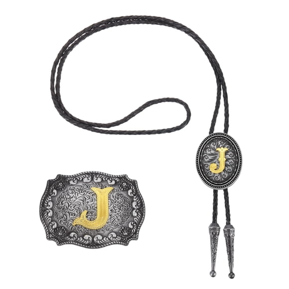 Conjunto de corbata bolo y hebilla de cinturón Uxcell Western Cowboy con letra inicial J en dorado, corbata de cuero para hombres y mujeres, accesorios tradicionales vintage, gris negro/dorado