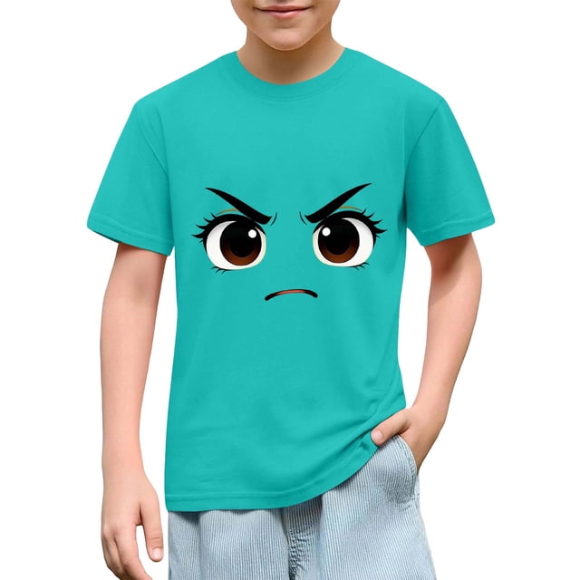 Blusas y camisas de manga corta con cuello redondo para niños y niñas, color liso, con estampado de expresión linda, manga corta, holgadas y cómodas, blusa para niña