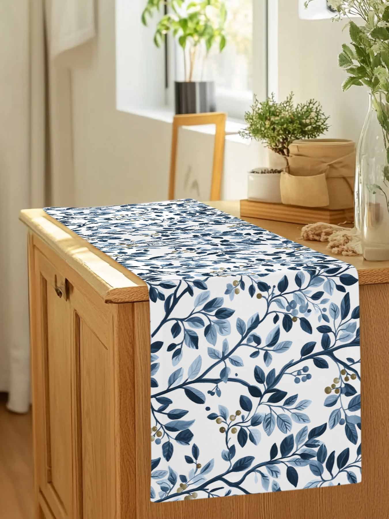 Farmhouse Vintage Branches Table Runner 90 Inches Long, Country Blue Leaf Fruit Table Runners Tabletop Scarf Kitchen Dining Tables Decoration for Home Party Indoor Outdoor