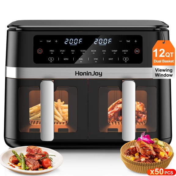 HoninJoy 12 QT Large Dual Basket Air Fryer, With Visible Cooking Window( 50PCS Air Fryer Liners Included)-New