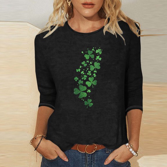St. Patrick's Day Shirt for Women Cascading Glitter Clovers Graphic T-Shirt 3/4 Sleeve Crewneck Casual Soft Festival Apparel Charm Gift