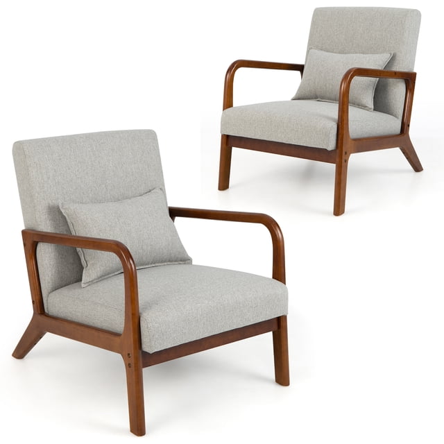 Costway Set of 2 Accent Chairs Leisure Armchair with Rubber Wood Frame & Lumbar Pillow in gray. These chairs feature a wide backrest with a 102° tilt angle, rubber wood armrests, and soft padded cushions covered in faux linen fabric. Each chair includes a lumbar pillow with a smooth zipper for added comfort. The natural rubber wood frame and legs provide durability and a load capacity of 330 lbs. Anti-slip foot pads ensure stability and floor protection. Ideal for living rooms, bedrooms, or sunrooms.