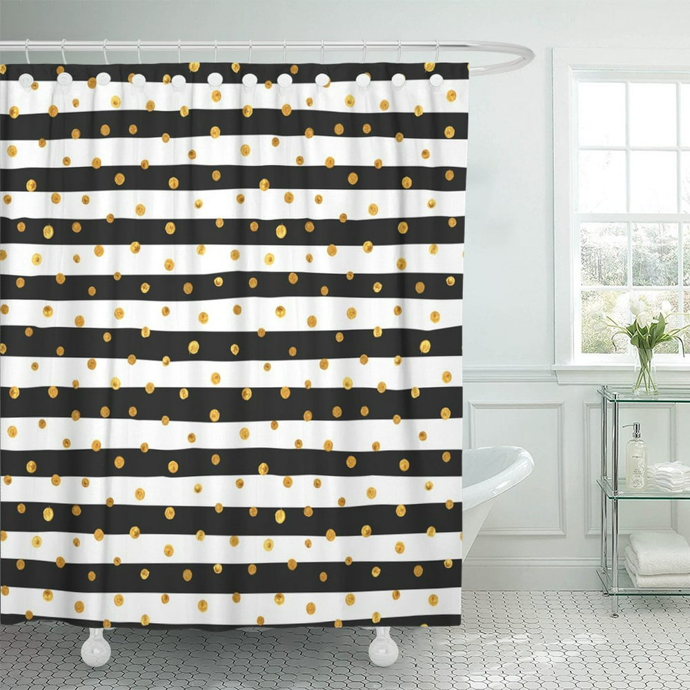 PKNMT Random Gold Dots on White and Black Stripes Shower Curtain 60x72