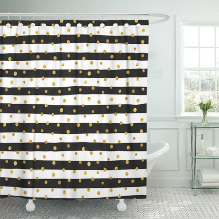 Pknmt Random Gold Dots On White And Black Stripes Shower Curtain