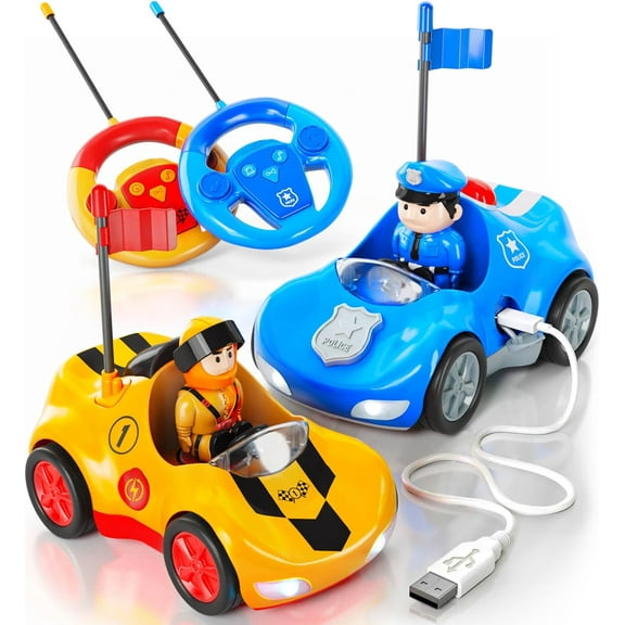 Rechargeable Remote Control Cartoon Cars for Little Kids, 2 Pack Police & Race RC Cars