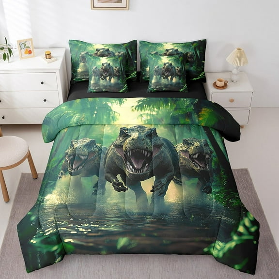 Erosebridal Dinosaur Print Bed in a Bag Twin size, Woodland Animal Bed Set, Wildlife Reversible Bedding Twin Size, Microfiber Room Decor, 7-Piece