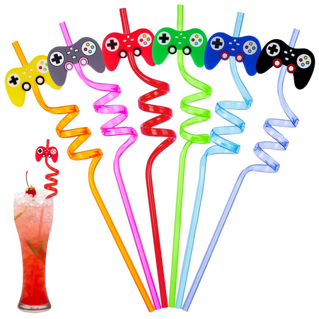 24Pcs Video Game Party Favors, Game Controller Drinking Straws, Reusable Plastic Straws, Game On