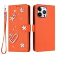 thumbnail image 2 of Leather For Apple iPhone 16 Pro Max Case Double Layered Heart-shaped Flower Flip Wallet Leather Case, Card Holder Magnetic Closure  Phone Cases Cover With Hand Strap,Orange,For iPhone 16 Pro Max, 2 of 8