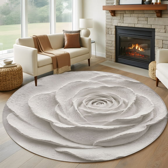 White Rose Abstract 6ft Round Rugs,Vintage Flower Rustic Botanical Relief Art Washable Non-Slip Area Rugs for Living Room Bedroom Kitchen,Low Pile Dining Room Kicthen Circle Carpet,Indoor Floor Rug