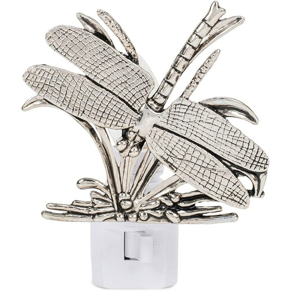 FYBTO -CBK Dragonfly Silhouette Plug in Night Light - Silver Tone with On/Off Switch and Rotating Base