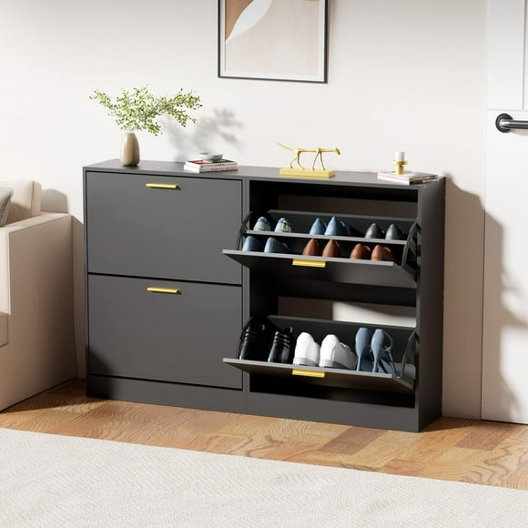 JOZZBY Shoe Cabinet for Entryway Narrow Shoe Storage Cabinet with 2 Flip Drawers Wooden Hidden Shoe Rack Organizer with 2 Tier Freestanding for Hallway Living Room Set of 2 Black