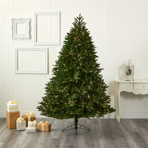 Nearly Natural Clear Prelit LED Green Decorated Spruce Christmas Tree, 7'