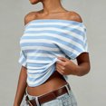 thumbnail image 2 of yillto Women off Shoudler Tops Striped Short Sleeve Shirts Casual Tunics Tees Ruched Slim Fashion Outfits, 2 of 7