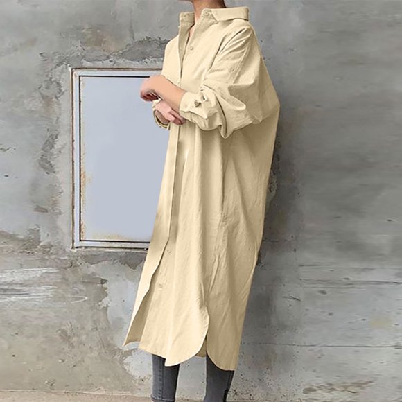 Bescita Women's Turndown Collar Loose Shirt Dress Mid Calf Dress Clearance Sales