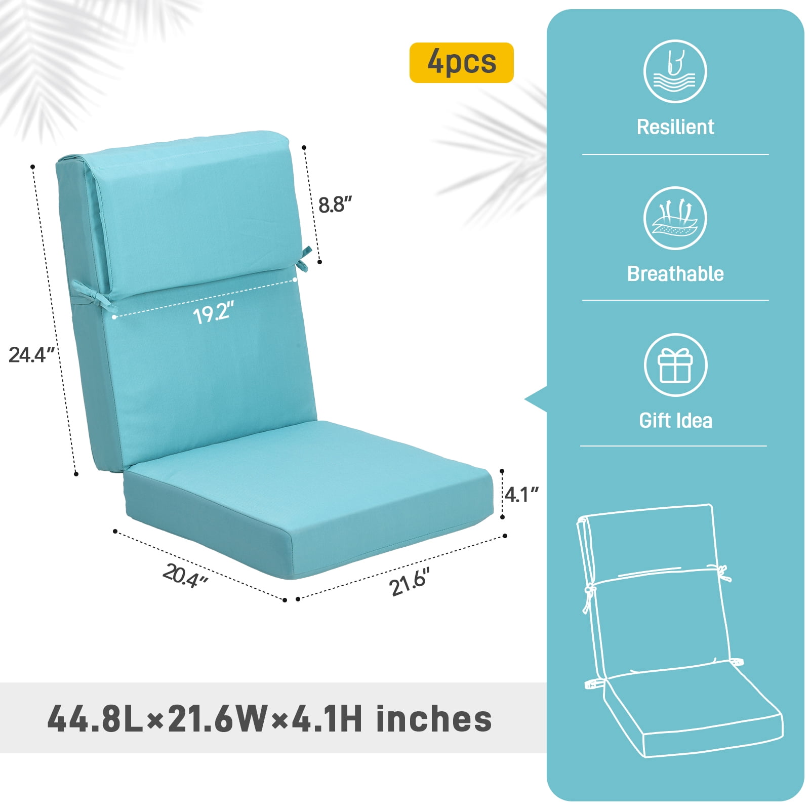 Aoodor 4-Piece Outdoor Chair Cushions 45 x 22 x 4 Inch Patio Furniture Seat Cushion - Blue