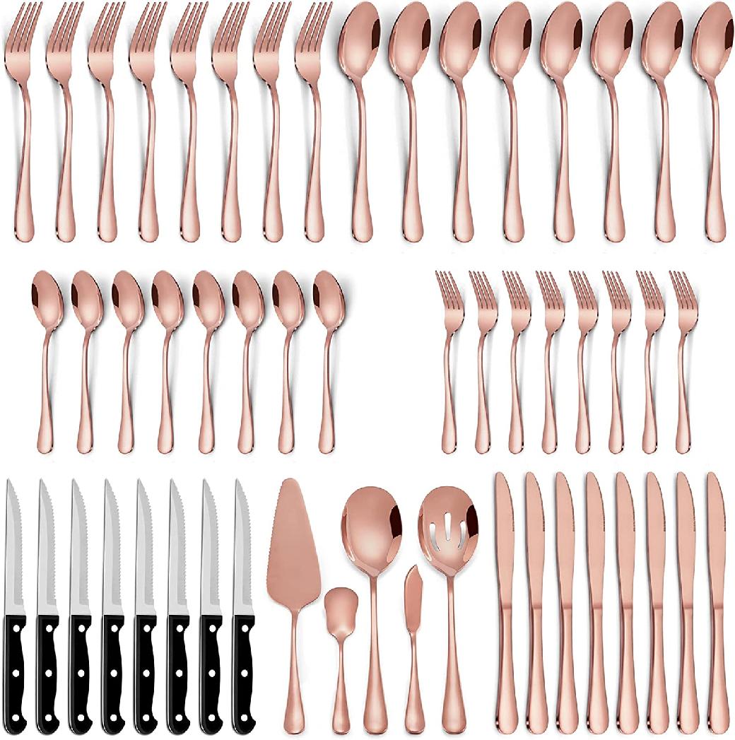 53Piece Rose Gold Silverware Set with Steak Knives and Serving Utensils, Stainless Steel