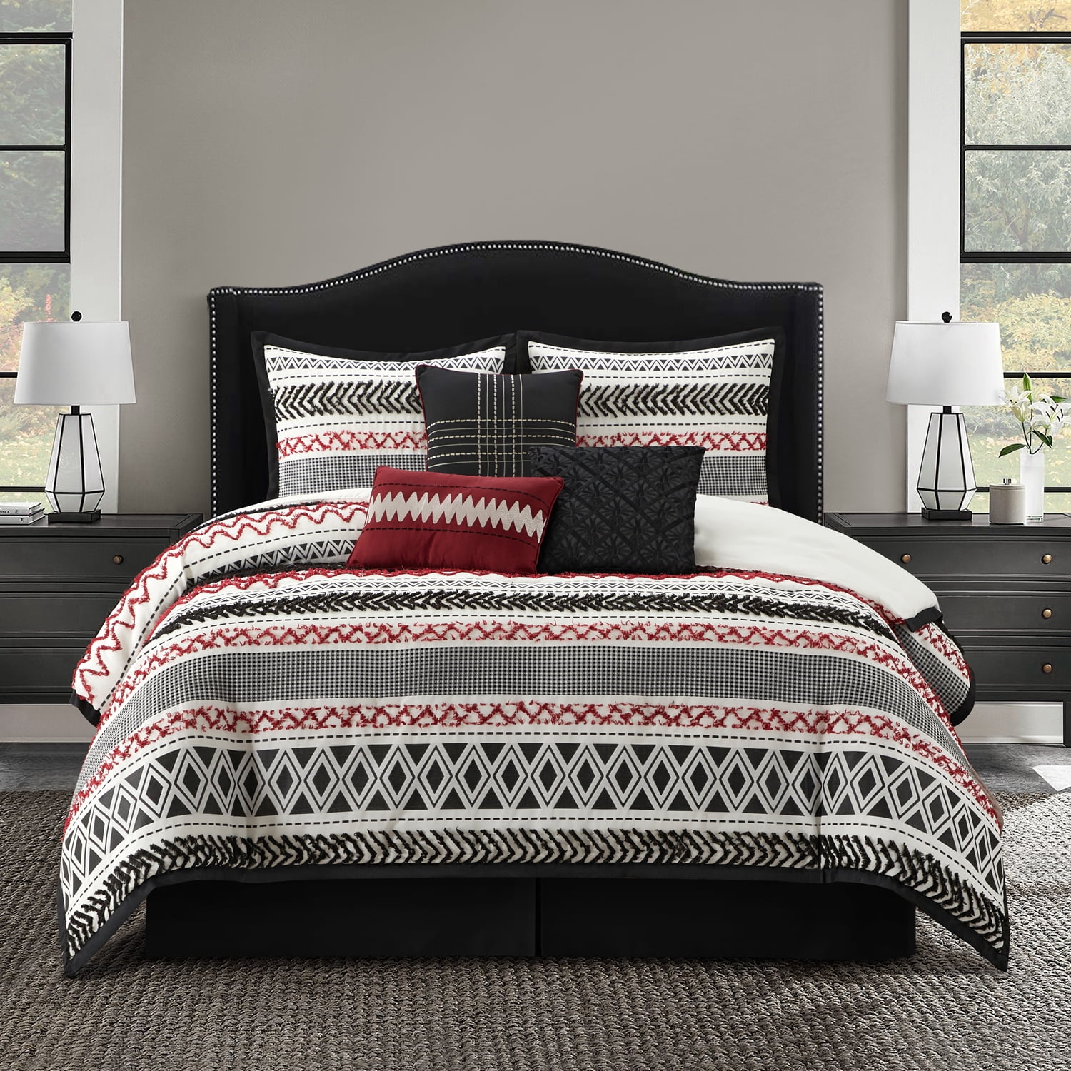 Lanco Black Red Comforter Set Queen Size , 7 Piece Jaquard and Clip Soft Bedding Set , All