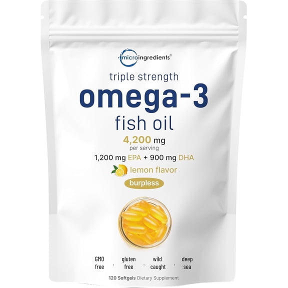 Micro Ingredients Triple Strength Omega 3 Fish Oil 4200mg Per Serving, 120 Softgels | Source from Norwegian Deep-Sea Fish, Lemon Flavored, Burpless