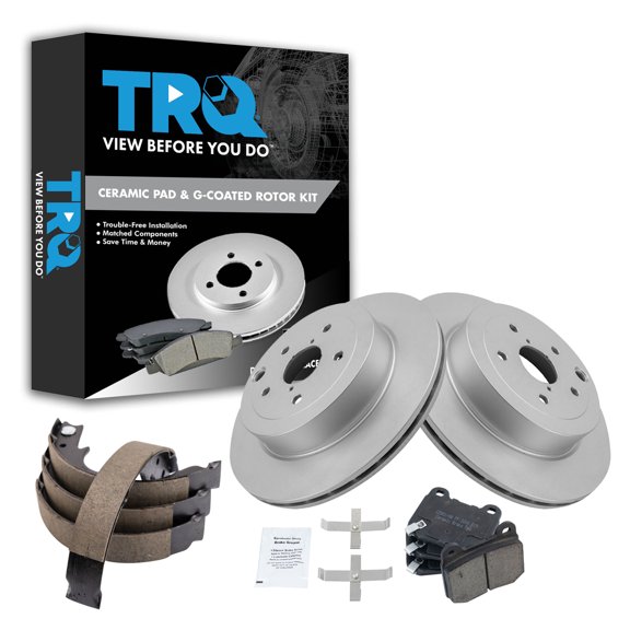 TRQ Rear Brake Pad & Rotor Kit Brake Pads Brake Rotor Parking Brake Shoe Set Ceramic Premium G-Coated Fits Select 2008-2013 Subaru Impreza