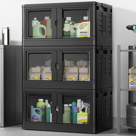 BROVIEW 345 QT Stackable Collapsible Storage Bins with Individual Lids, Wheels & Doors, Large Plastic Latching Boxes Closet Organizers and Storage Cabinet Shelves, for Home, Office, 3-Pack, Black