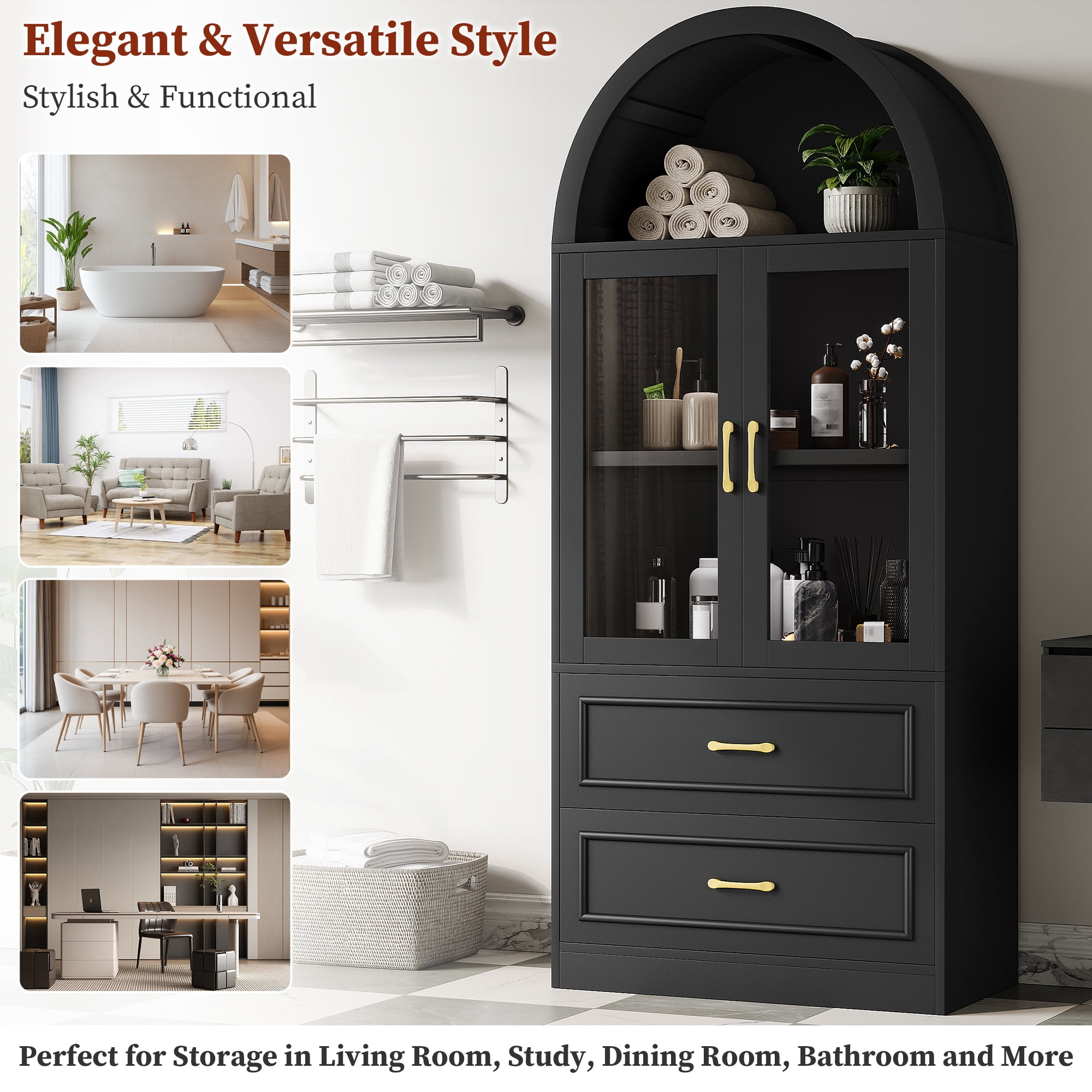 Mintazer Arched Top Tall Display Cabinet, Curved Bookcase with Glass Doors & 2 Large Drawers, Modern Freestanding Storage Hutch for Living Room Dining Room Study, Black