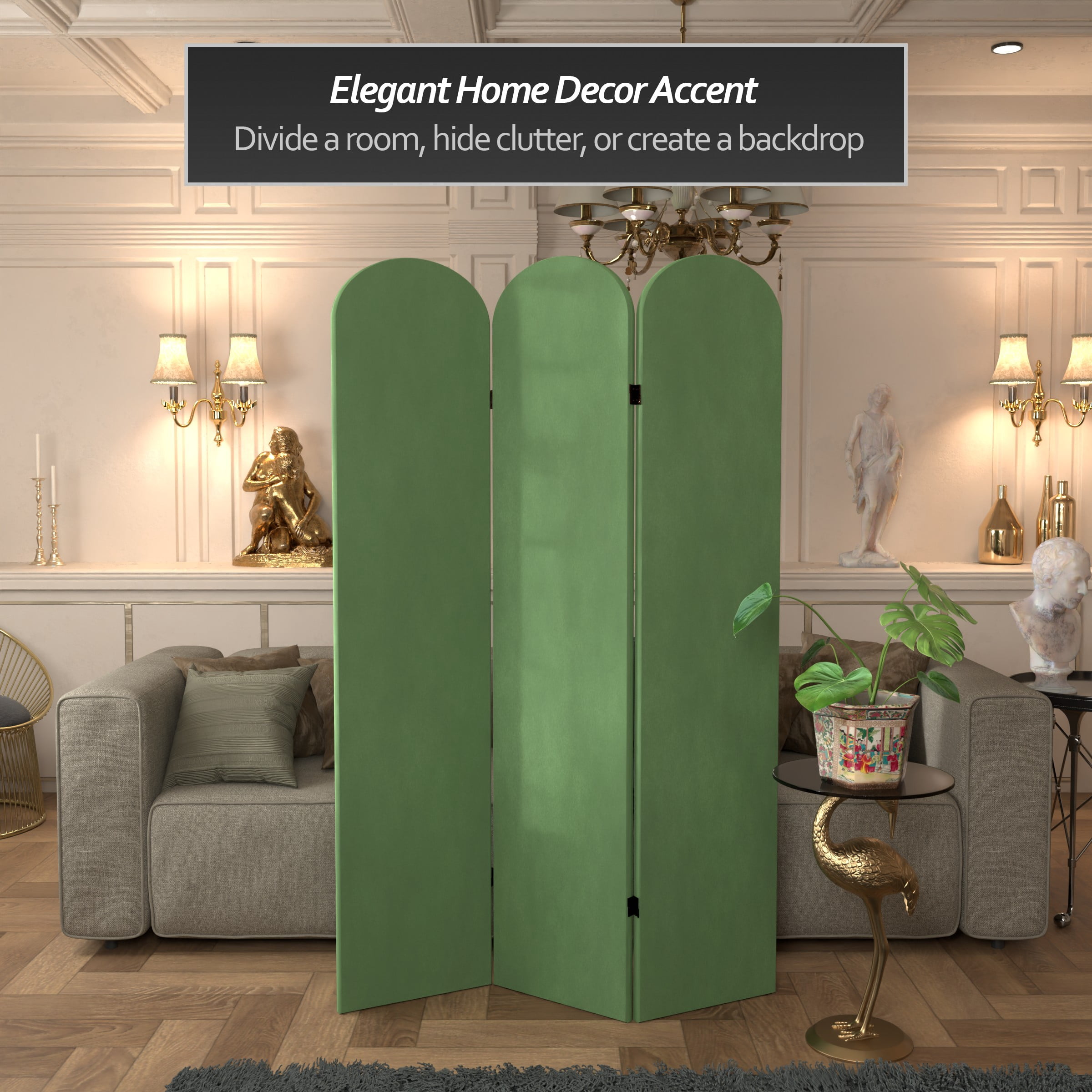 6 ft. Classic Arch Velvet Room Divider Green 3 Panel