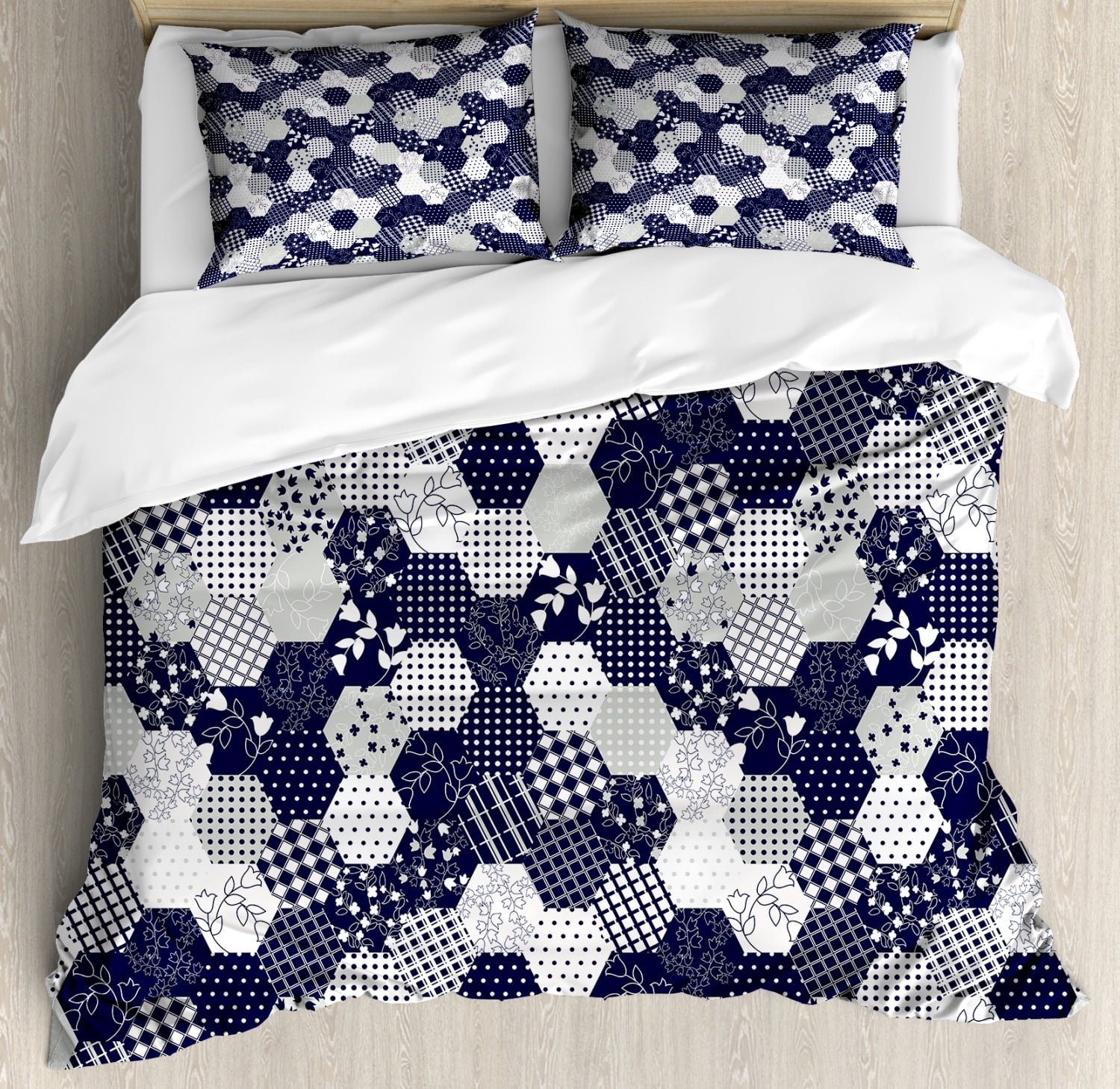 Navy Blue Duvet Cover Set, Octagon Patchwork Style Pattern Image with
