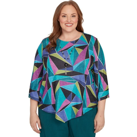 Alfred Dunner Womens Plus-Size Abstract Stained Glass Top With Necklace