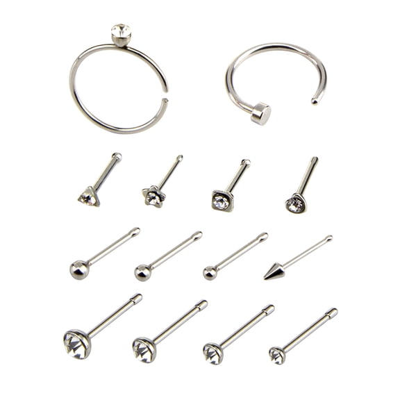 Opvise 14Pcs/Set Unisex C/O Shape Rhinestone Stainless Steel Nose Stud Piercing Jewelry