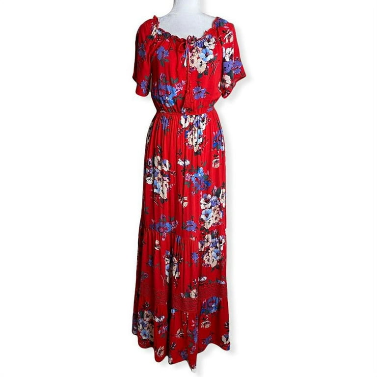 Band of Gypsies Red Floral Tiered Casual Maxi Dress Size Xs