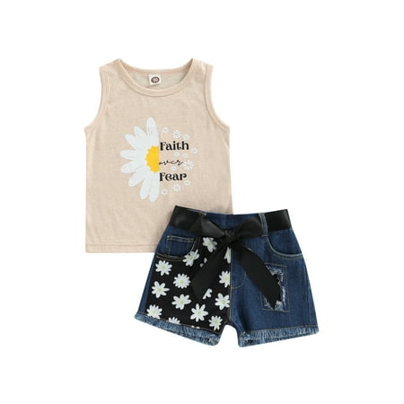 

Canrulo Toddler Baby Girl 2Pcs Summer Clothes Sleeveless Sunflower Print Vest Tops + Denim Ripped Shorts Jeans Set Beige 2-3 Years