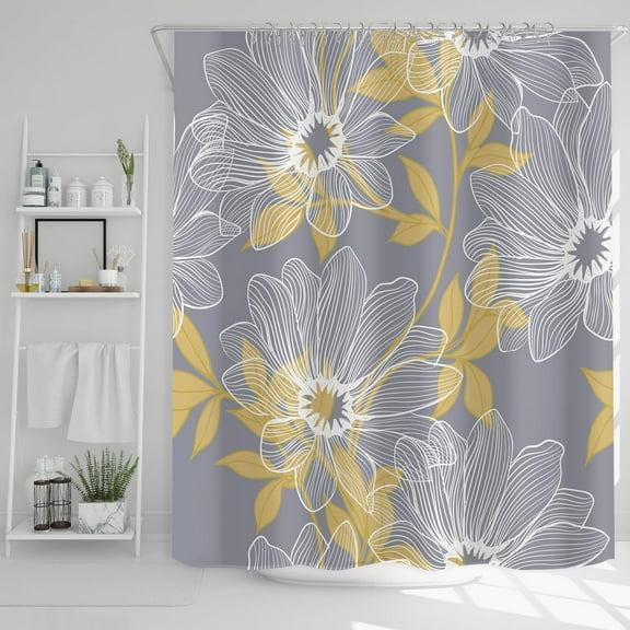 Unique Design Abstract Gray and Yellow Plants Flowers Fabric Shower Curtain, Mordern Art Curtain for Bathroom Décor Machine Washable 72" x 72" Grey