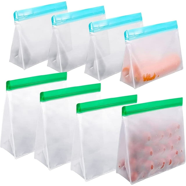 8 Sacs en Silicone Réutilisables avec Fermeture Éclair et Support pour Nourriture, Congélateur, Sandwich, Sacs de Rangement pour Légumes, Lait, Collations, Viandes (Bleu, Vert)