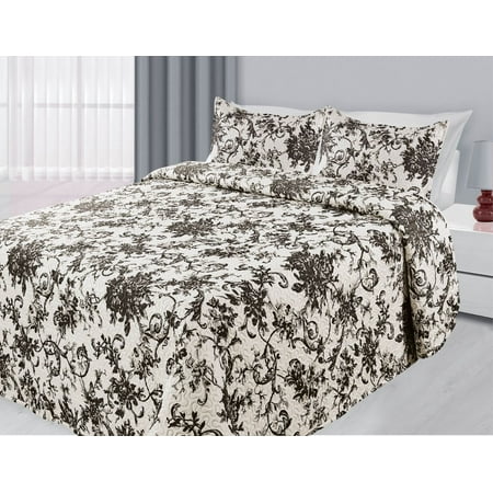 3-Piece Reversible Quilted Printed Bedspread Coverlet Black Flowers - King