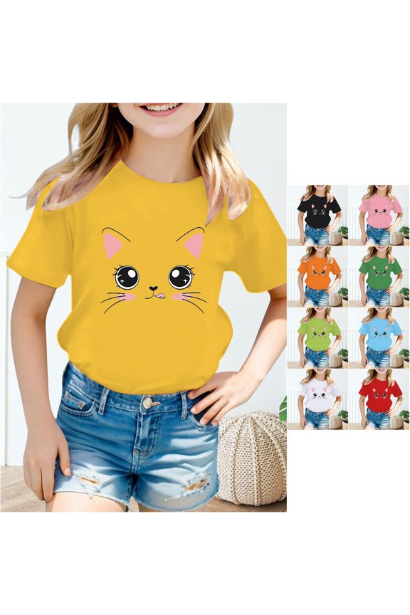 Girls Lovely Cat Tee Crewneck Short Sleeve Kitten Graphic Summer Undershirt Basic Playwear Blouse Everyday Pullover Top