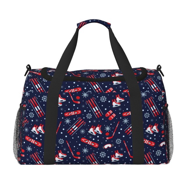 Xecao Winter Skiing Snowflakes Pattern Lightweight Crossbody Weekender Bag Mesh Side Pockets Padded Handles Sports Outdoor Gear Organizer