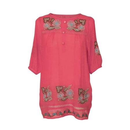 Embroidered Short Sleeve Work Shirt - Short Sleeve Embroidered Embroidery Tunic Top Blouse S M L Xl 2Xl 3Xl - Coral,L