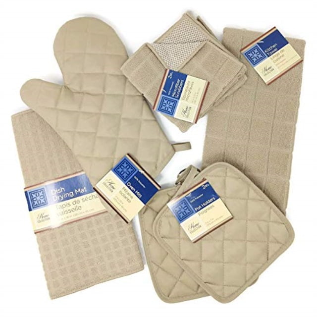 Kitchen Towel Set with 2 Quilted Pot Holders, Oven Mitt, Dish Towel