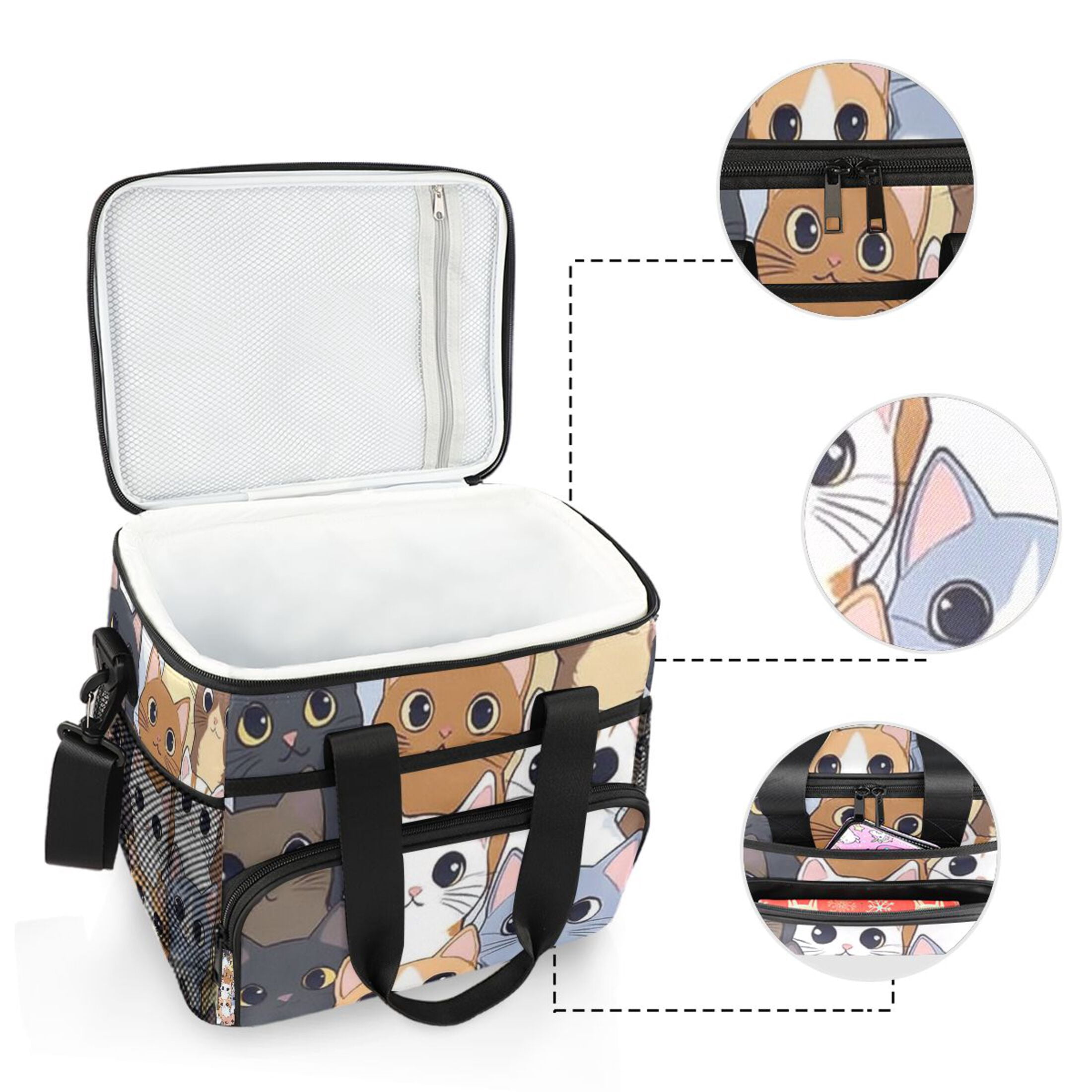 Cute Cat Faces Pattern Insulated Lunch Bag 15L Cooler Box for Women Men Work Camping Beach Travel