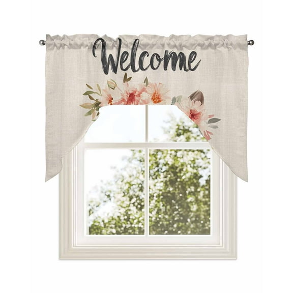 Cat Flower Garland Kitchen Curtains Swag Valance for Windows/Bathroom/Cafe, Farm Animal Cottagecore Blooms Floral Rod Pocket Drape Panel Swag Curtains Valance for Bedroom/Living Room 56"x36"
