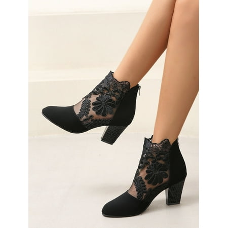 

Floral Embroidered Mesh Panel Zip Back Heeled Faux Suede Boots Women‘s Footwear