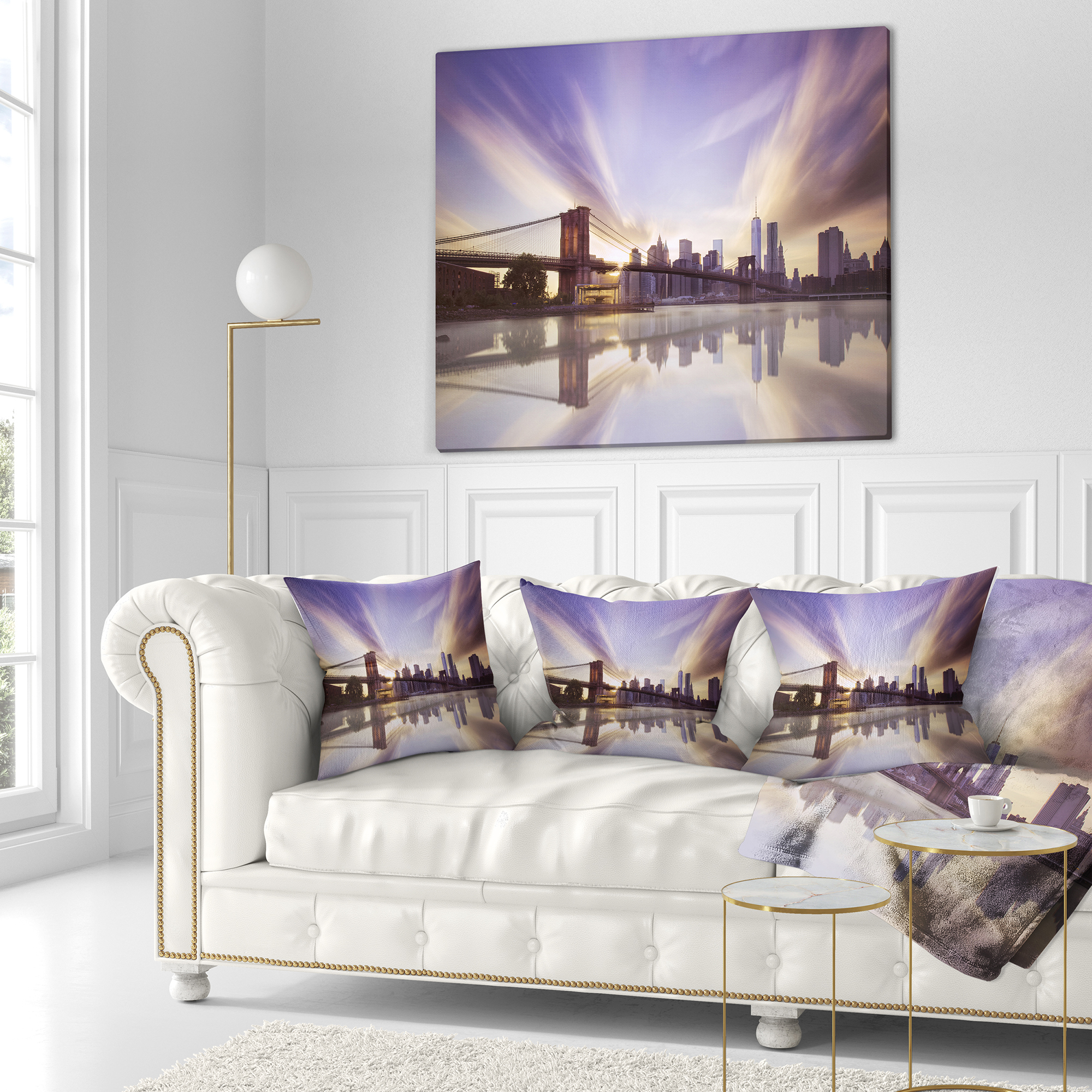Designart Purple Sky Over Brooklyn Bridge - Cityscape Photo Throw Pillow - 16x16